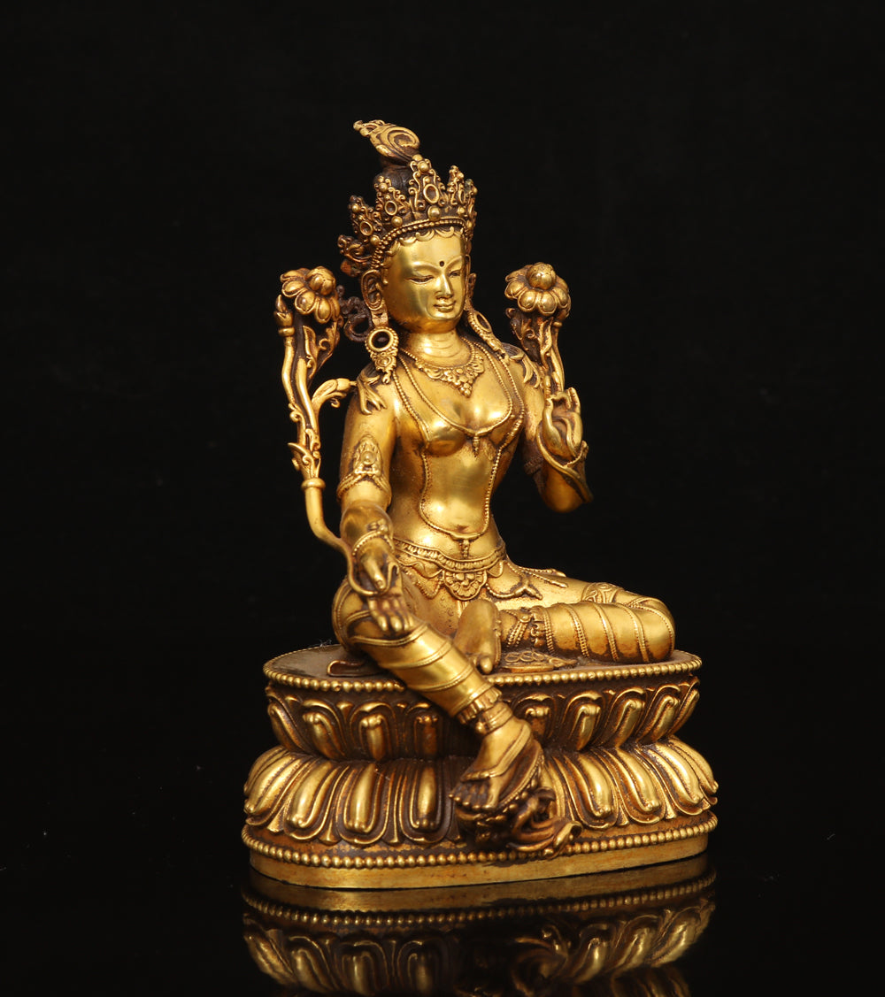 A0066 Old Chinese Gilt Gold Copper Green Tara Statue