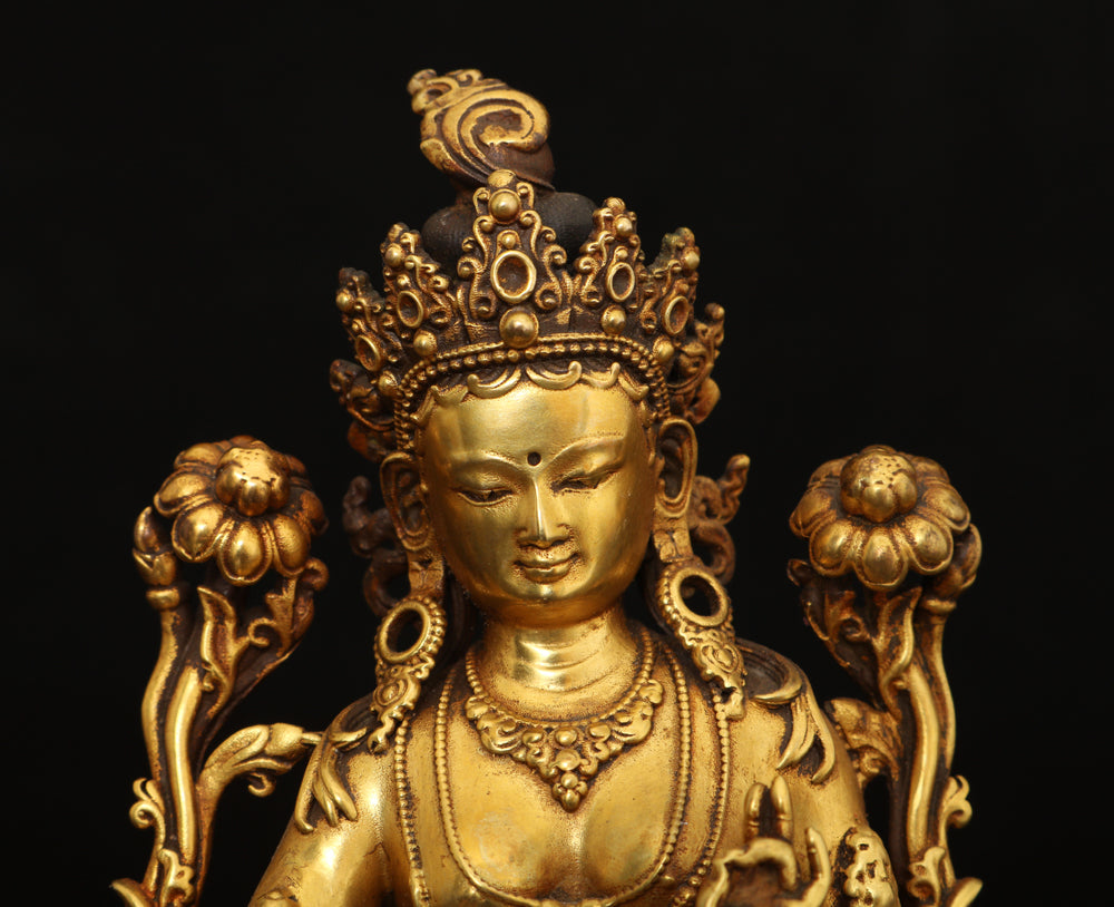 A0066 Old Chinese Gilt Gold Copper Green Tara Statue