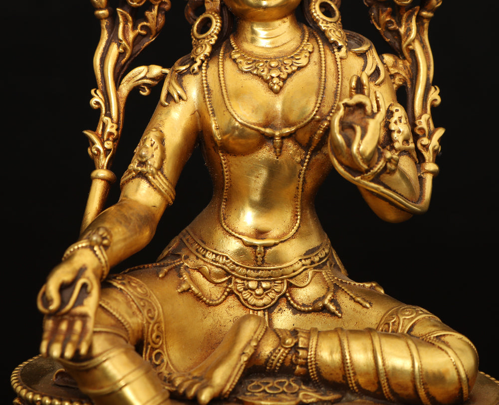 A0066 Old Chinese Gilt Gold Copper Green Tara Statue