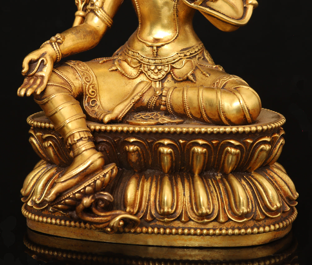 A0066 Old Chinese Gilt Gold Copper Green Tara Statue