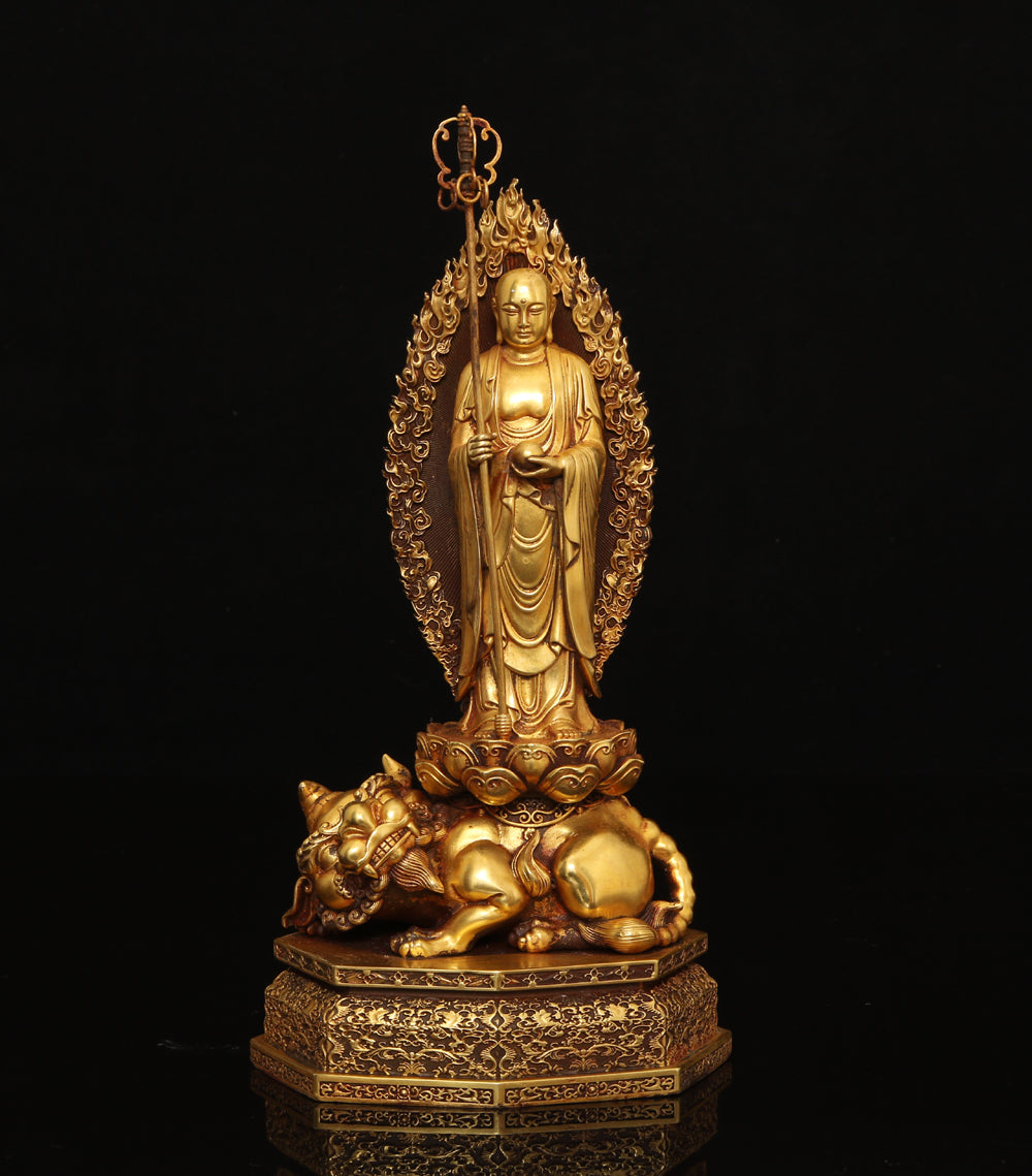 A0067 Vintage Chinese Gilt Gold Copper Ksitigarbha Bodhisattva Statue