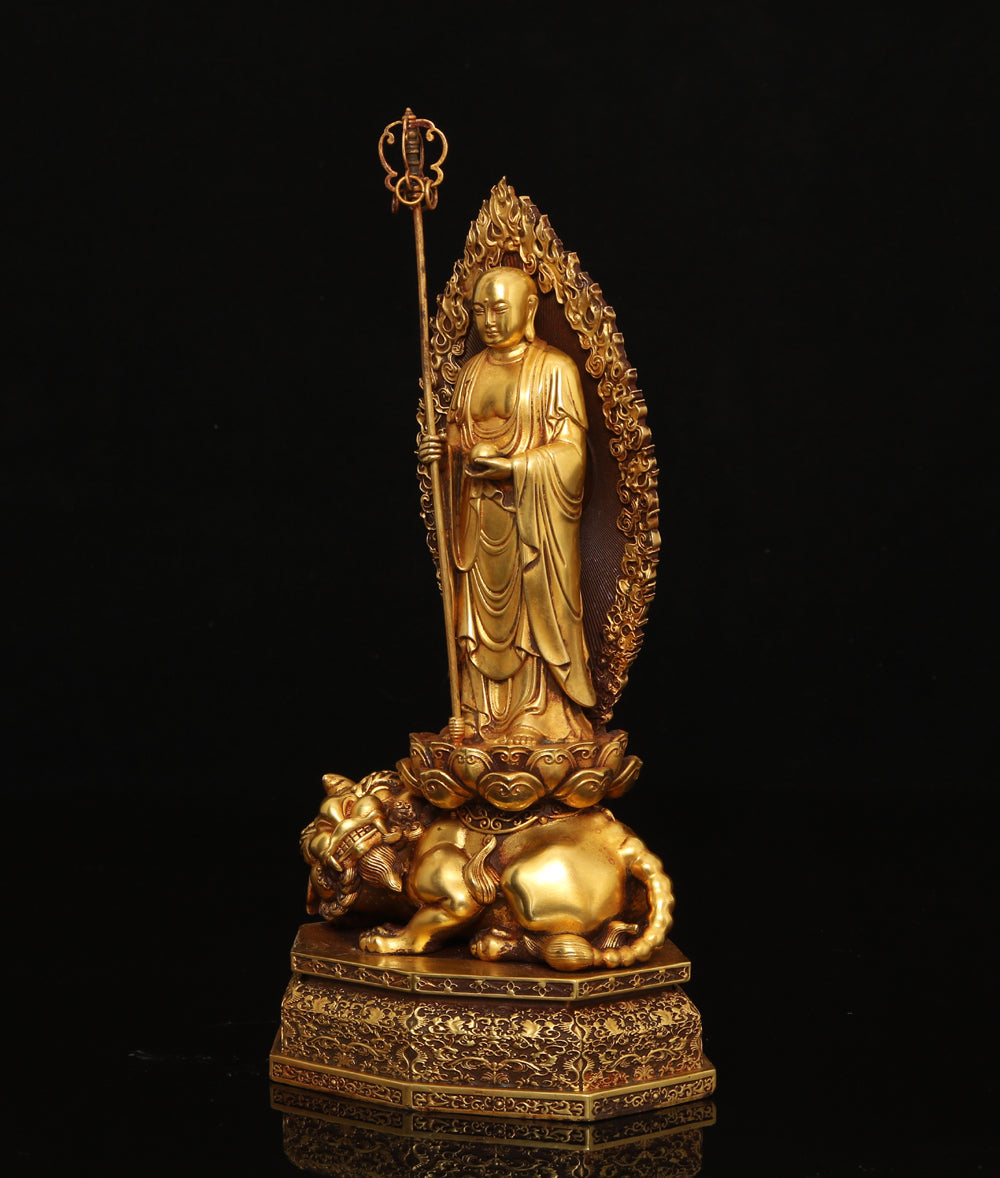 A0067 Vintage Chinese Gilt Gold Copper Ksitigarbha Bodhisattva Statue