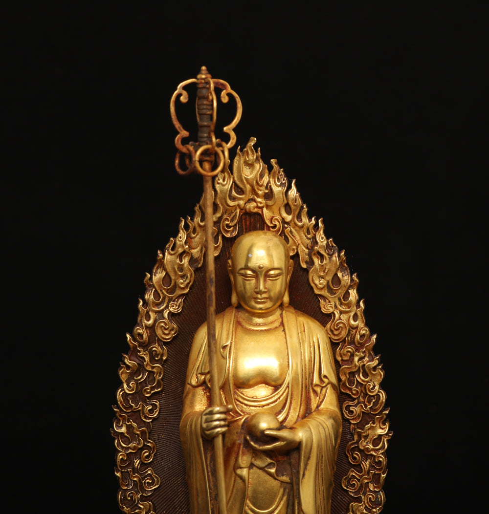 A0067 Vintage Chinese Gilt Gold Copper Ksitigarbha Bodhisattva Statue