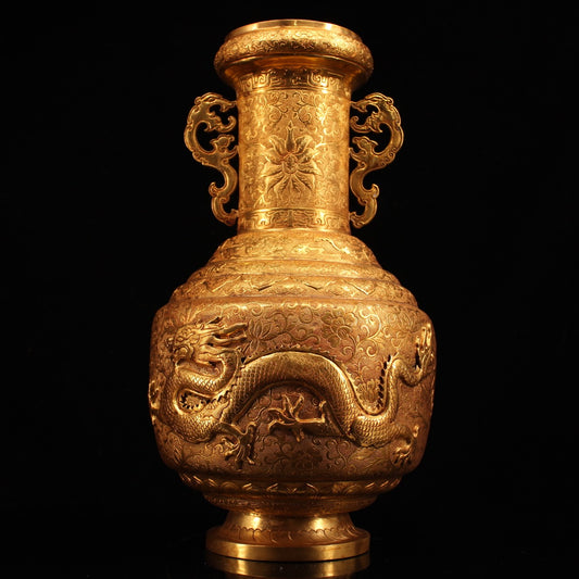 A0071 Old Chinese Gilt Gold Copper High Relief Fortune Dragon Double Ears Vase