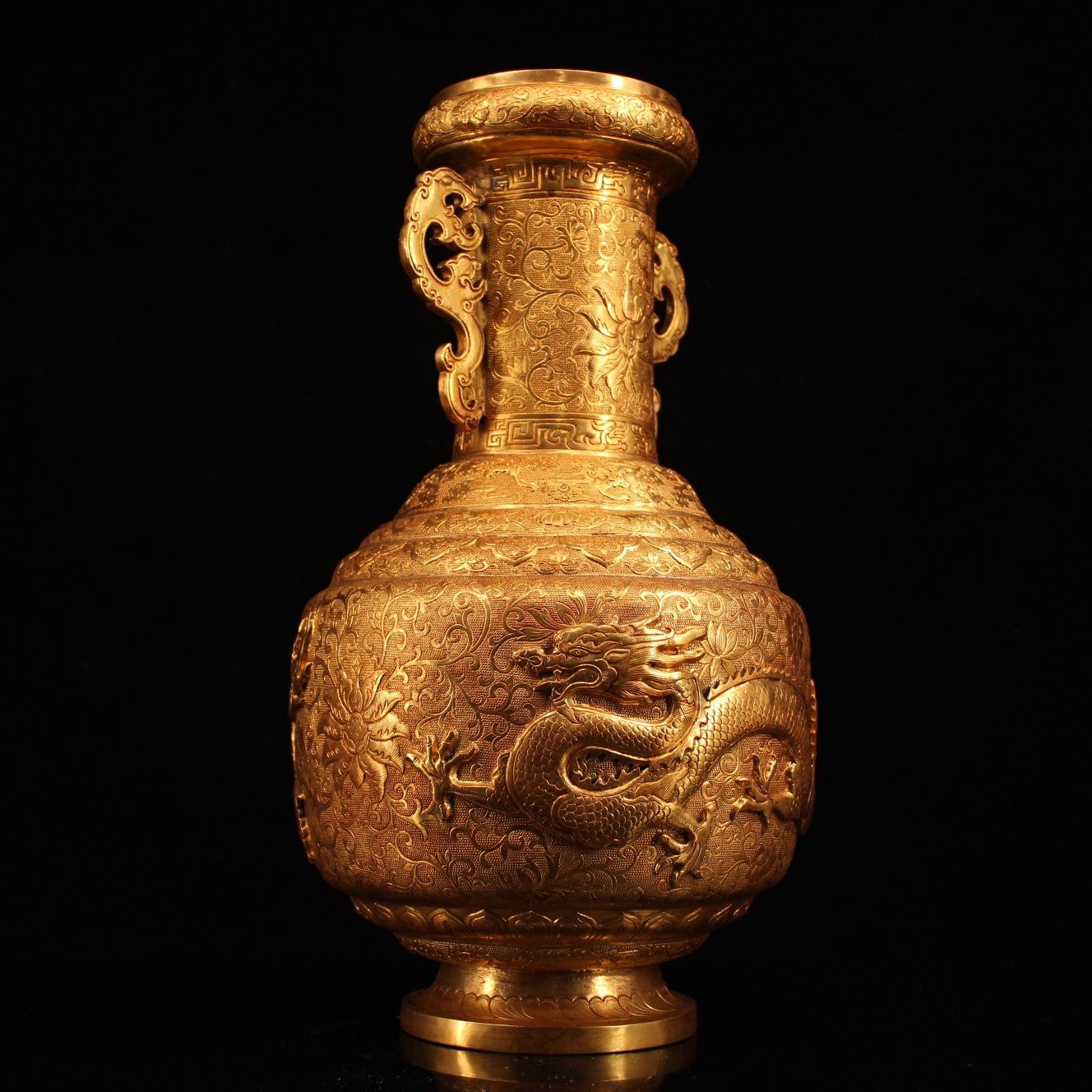 A0071 Old Chinese Gilt Gold Copper High Relief Fortune Dragon Double Ears Vase