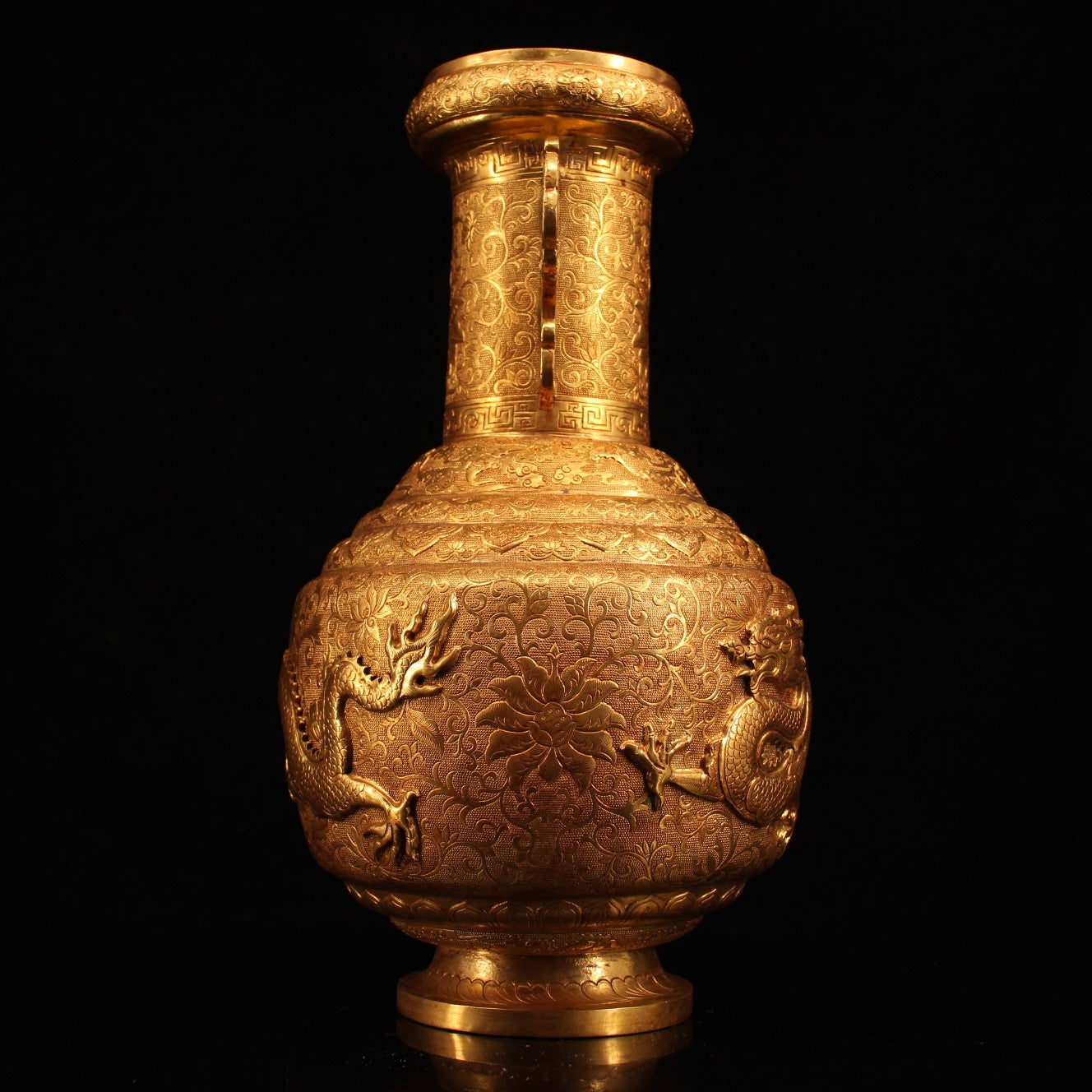 A0071 Old Chinese Gilt Gold Copper High Relief Fortune Dragon Double Ears Vase