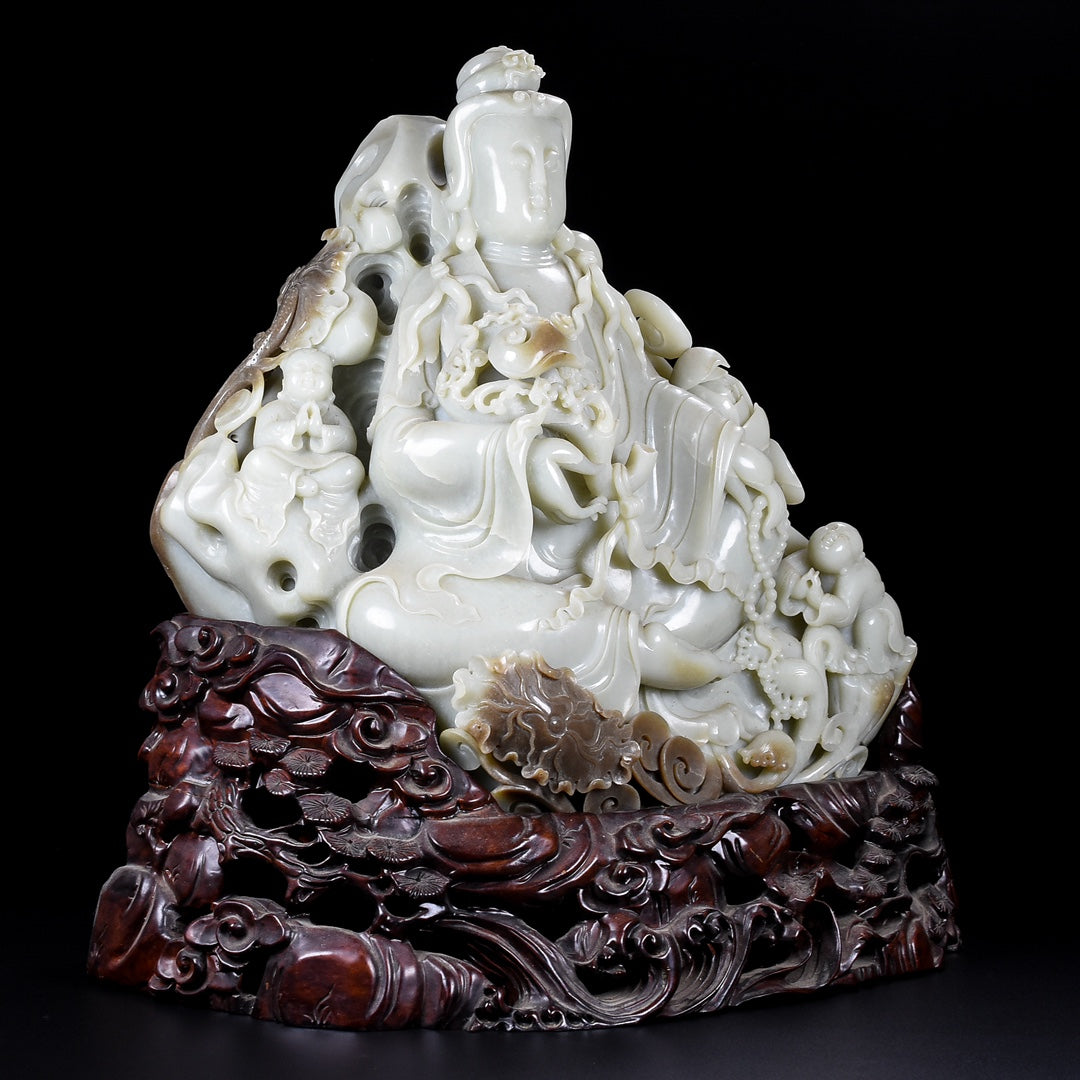 A0074 High Quality Chinese Natural Hetian Jade Carved Ruyi Kwan-yin & Kid Statue