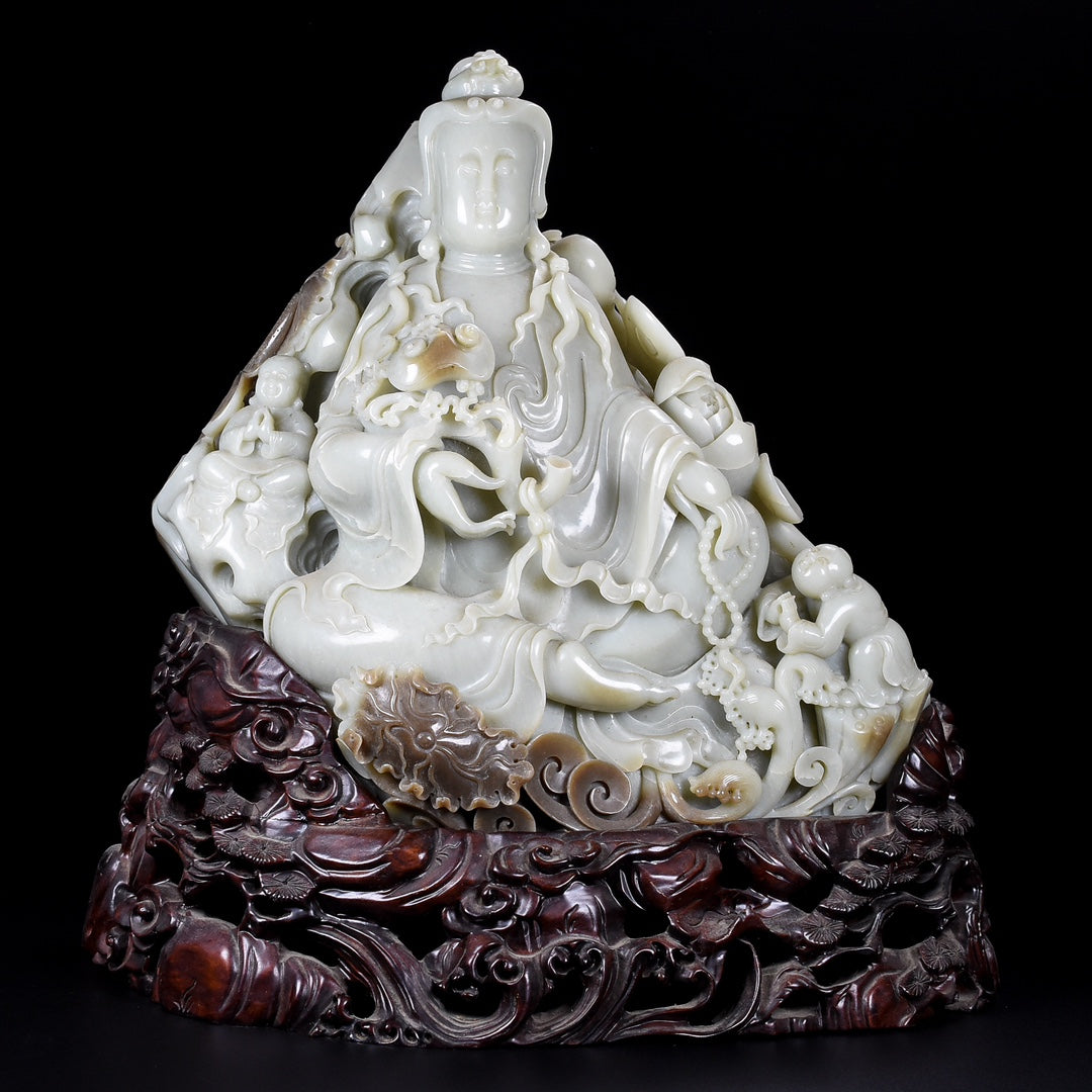 A0074 High Quality Chinese Natural Hetian Jade Carved Ruyi Kwan-yin & Kid Statue