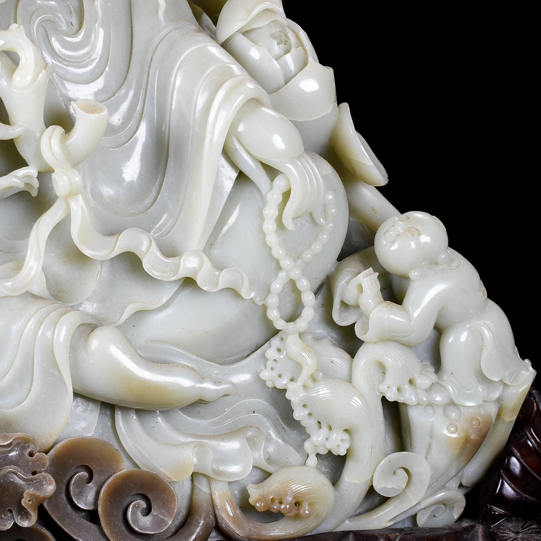 A0074 High Quality Chinese Natural Hetian Jade Carved Ruyi Kwan-yin & Kid Statue