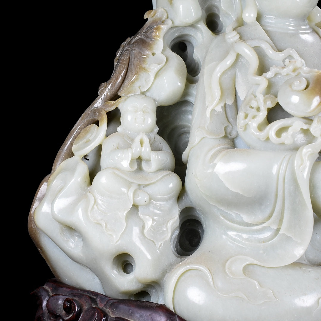 A0074 High Quality Chinese Natural Hetian Jade Carved Ruyi Kwan-yin & Kid Statue