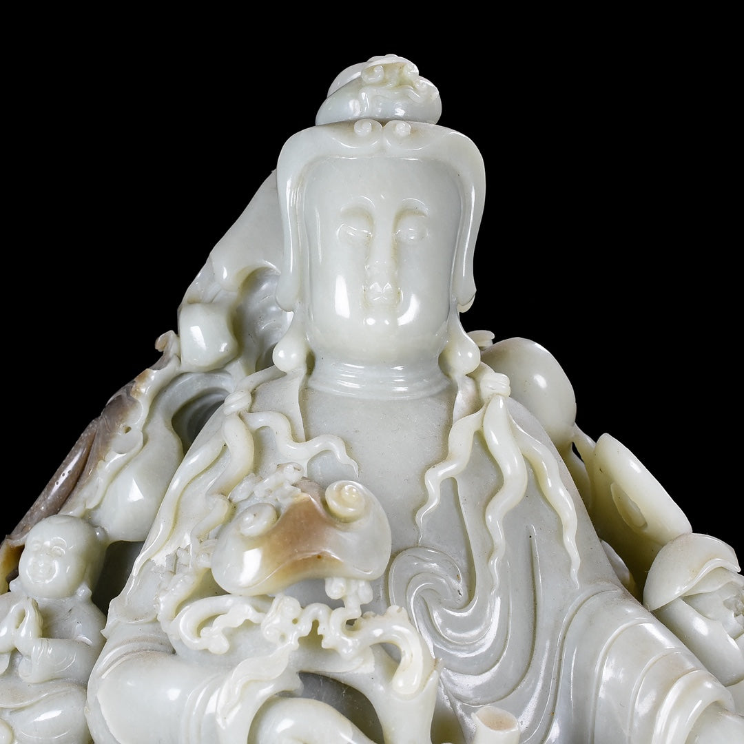 A0074 High Quality Chinese Natural Hetian Jade Carved Ruyi Kwan-yin & Kid Statue