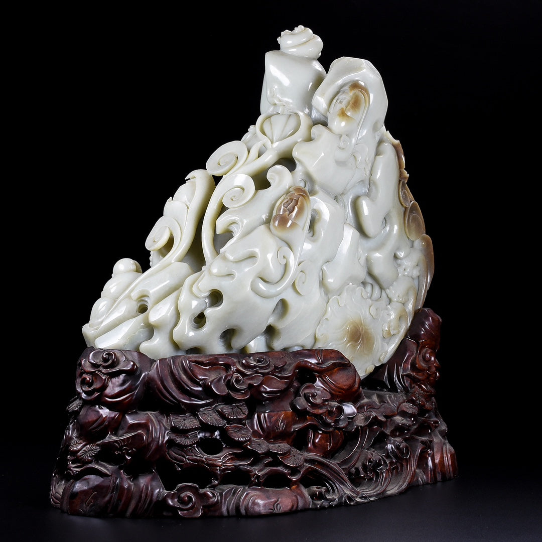 A0074 High Quality Chinese Natural Hetian Jade Carved Ruyi Kwan-yin & Kid Statue