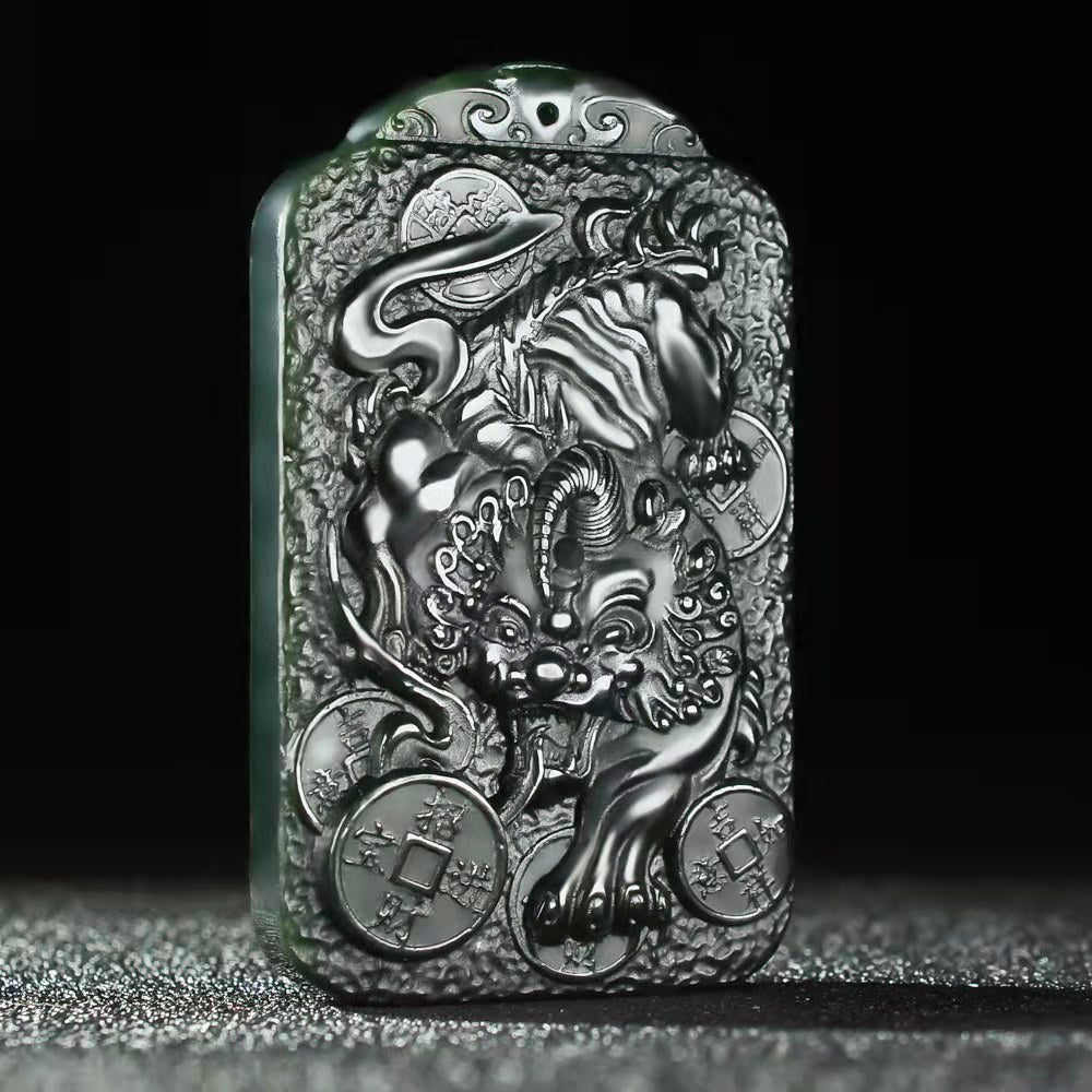 A0077 Chinese Green Hetian Jade Carved Fortune Kylin Pendant