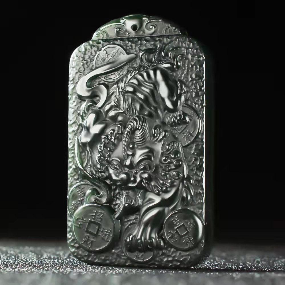 A0077 Chinese Green Hetian Jade Carved Fortune Kylin Pendant