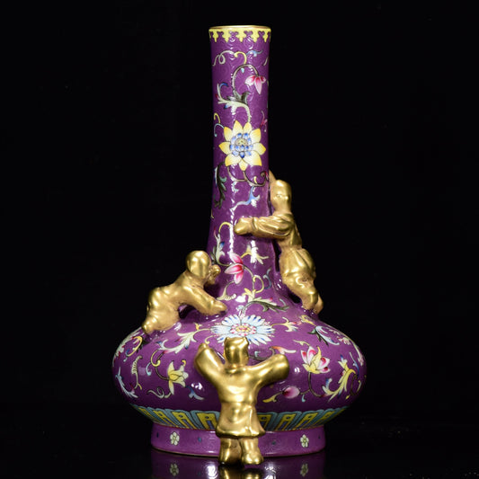 A0078 Chinese Gilt Gold Purple Glaze Famille Rose Flower Design High Relief Kid Porcelain Vase