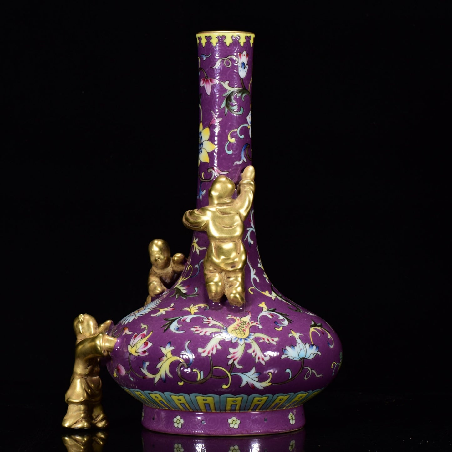 A0078 Chinese Gilt Gold Purple Glaze Famille Rose Flower Design High Relief Kid Porcelain Vase