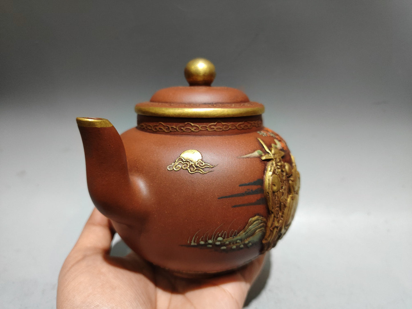 A0083 Old Chinese Gilt Gold Yixing Zisha Clay Low Relief Figure & Fortune Ox Design Teapot w Artist Signed