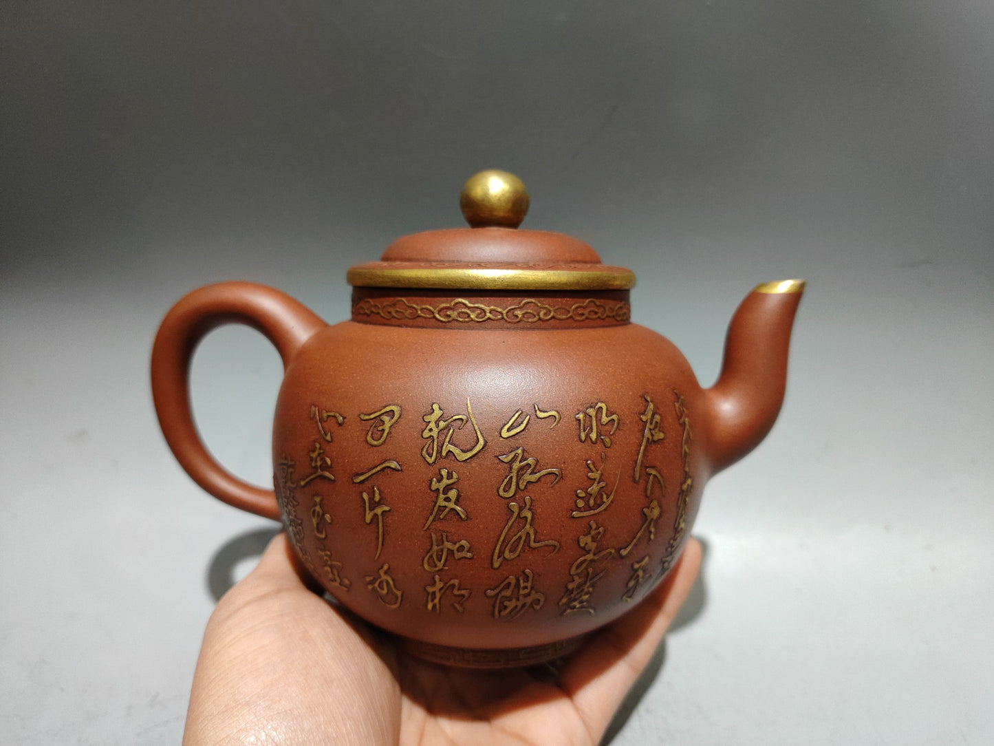 A0083 Old Chinese Gilt Gold Yixing Zisha Clay Low Relief Figure & Fortune Ox Design Teapot w Artist Signed