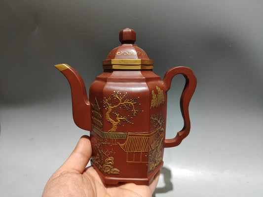 A0087 Chinese Gilt Gold Yixing Zisha Clay Scenery Design Teapot