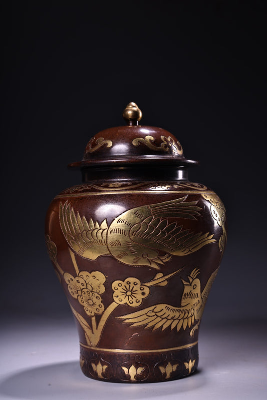 A0093 Vintage Chinese Gilt Gold Copper Plum Flower & Magpie Design Pot