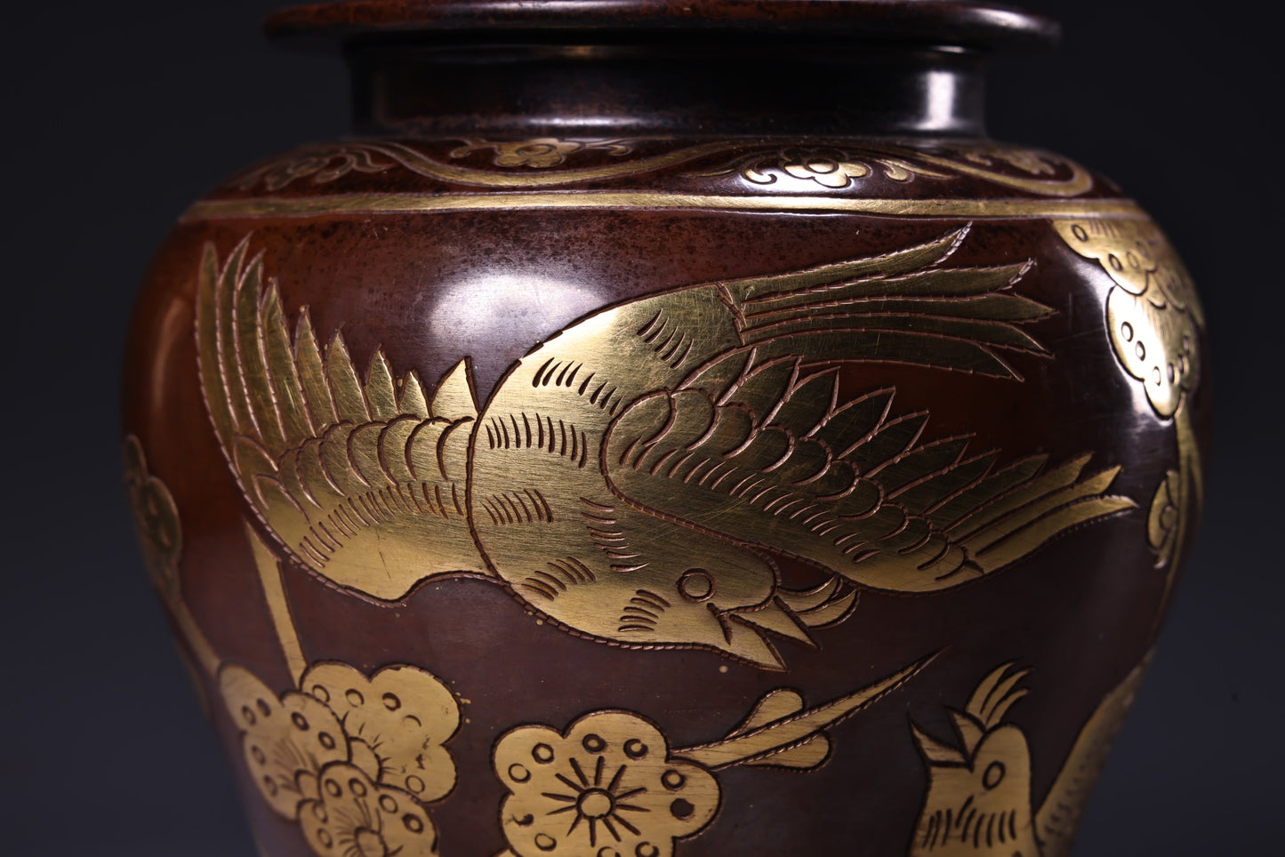 A0093 Vintage Chinese Gilt Gold Copper Plum Flower & Magpie Design Pot