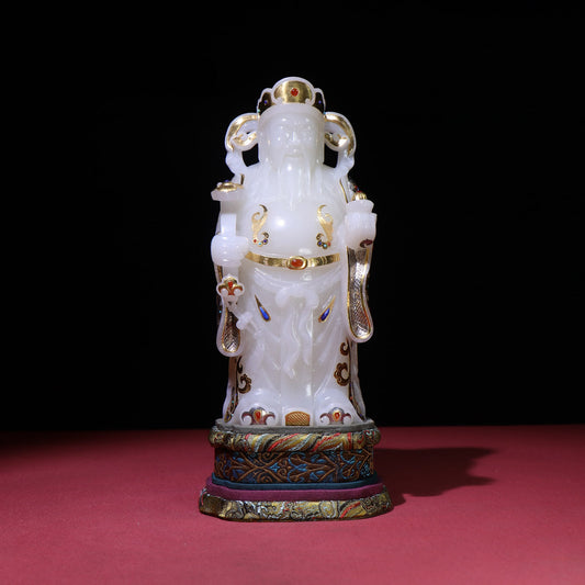 A0094 Superb Chinese White Hetian Jade Inlay Gold & Silver,Lapis Lazuli,Turquoise,Red Agate Fortune Taoism Deity Statue