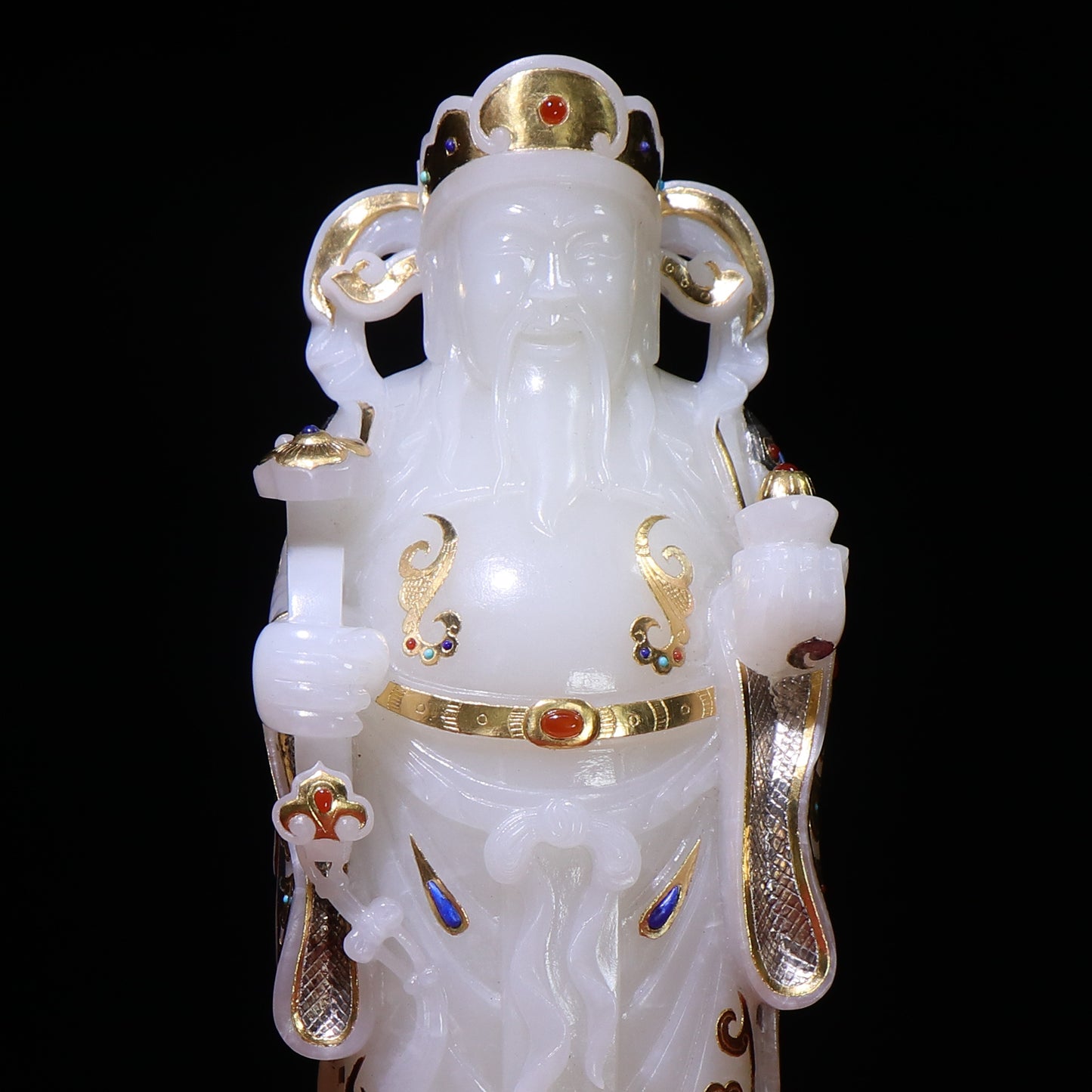 A0094 Superb Chinese White Hetian Jade Inlay Gold & Silver,Lapis Lazuli,Turquoise,Red Agate Fortune Taoism Deity Statue