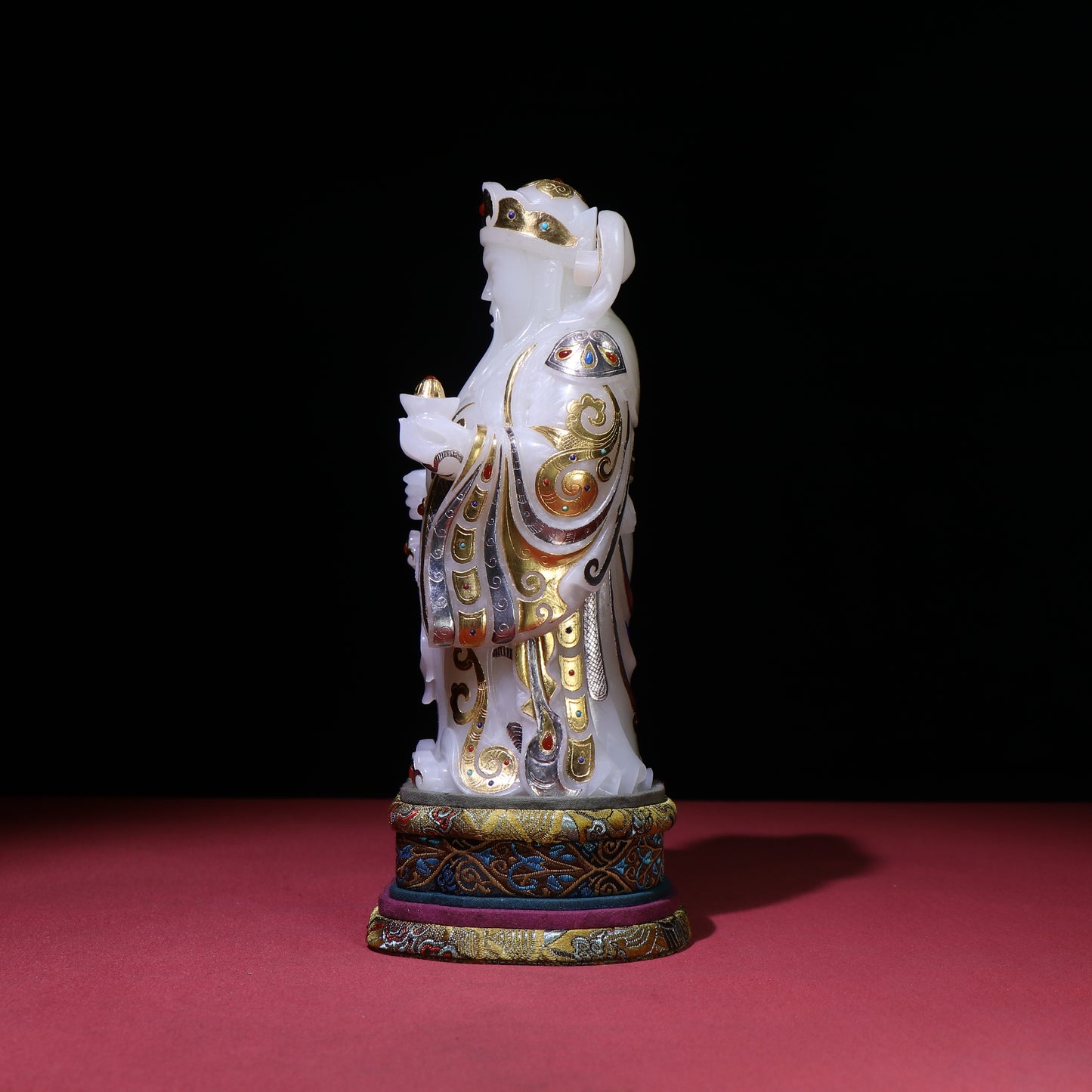 A0094 Superb Chinese White Hetian Jade Inlay Gold & Silver,Lapis Lazuli,Turquoise,Red Agate Fortune Taoism Deity Statue