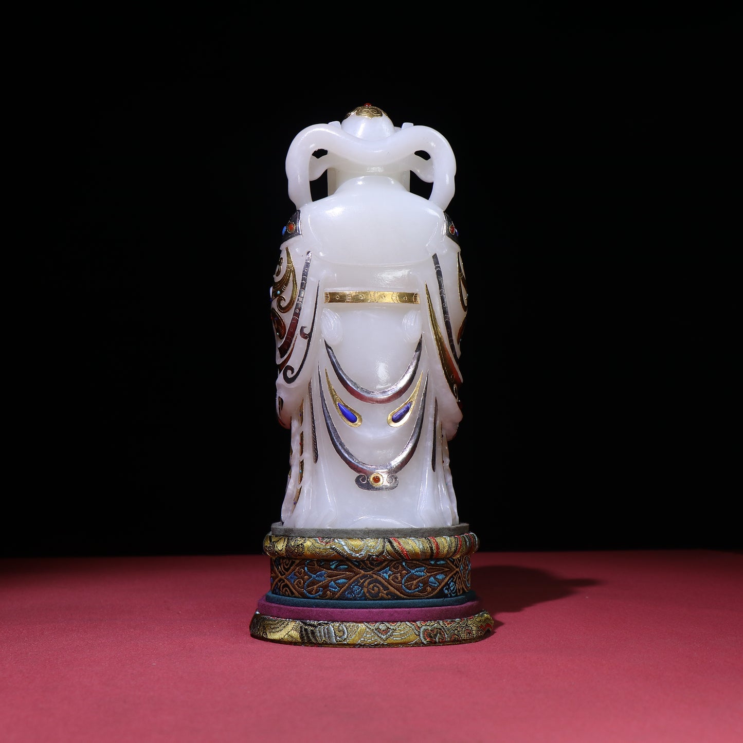 A0094 Superb Chinese White Hetian Jade Inlay Gold & Silver,Lapis Lazuli,Turquoise,Red Agate Fortune Taoism Deity Statue