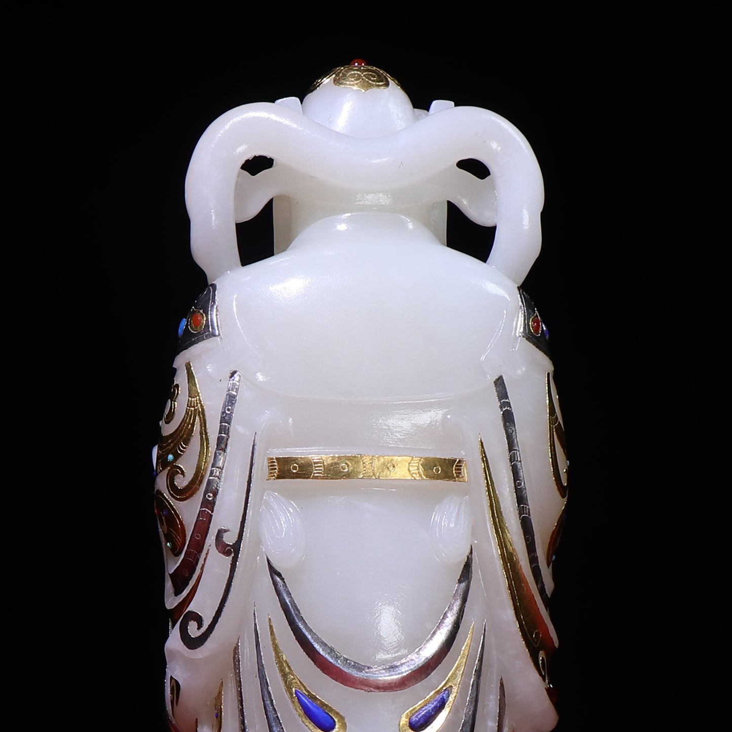 A0094 Superb Chinese White Hetian Jade Inlay Gold & Silver,Lapis Lazuli,Turquoise,Red Agate Fortune Taoism Deity Statue