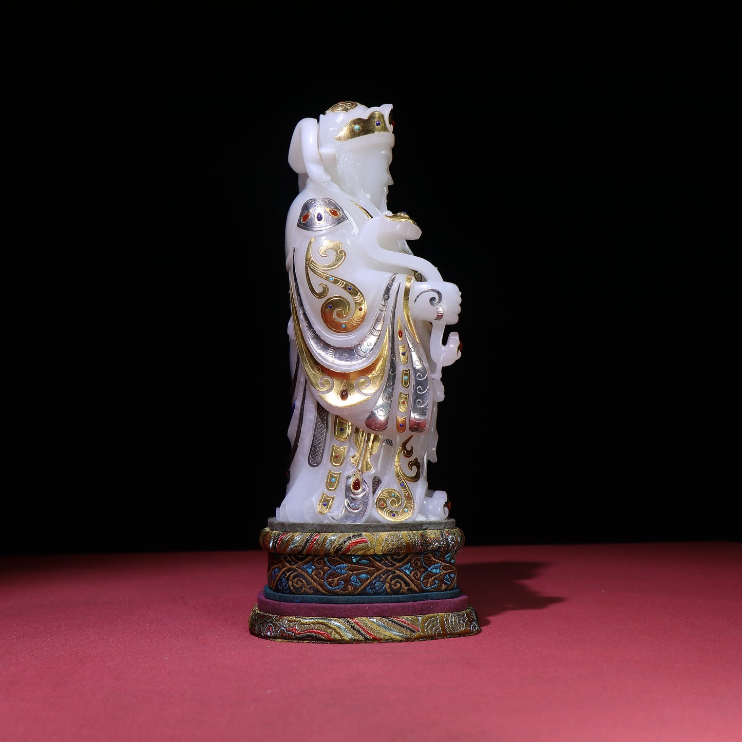 A0094 Superb Chinese White Hetian Jade Inlay Gold & Silver,Lapis Lazuli,Turquoise,Red Agate Fortune Taoism Deity Statue