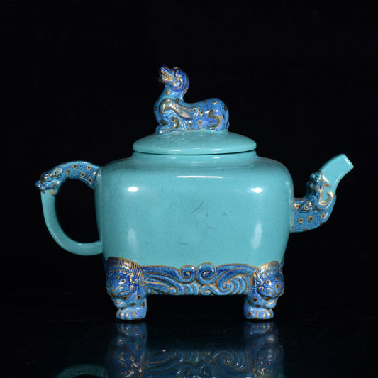 A0095 Chinese Gilt Gold Turquoise Glaze Beast Porcelain Teapot