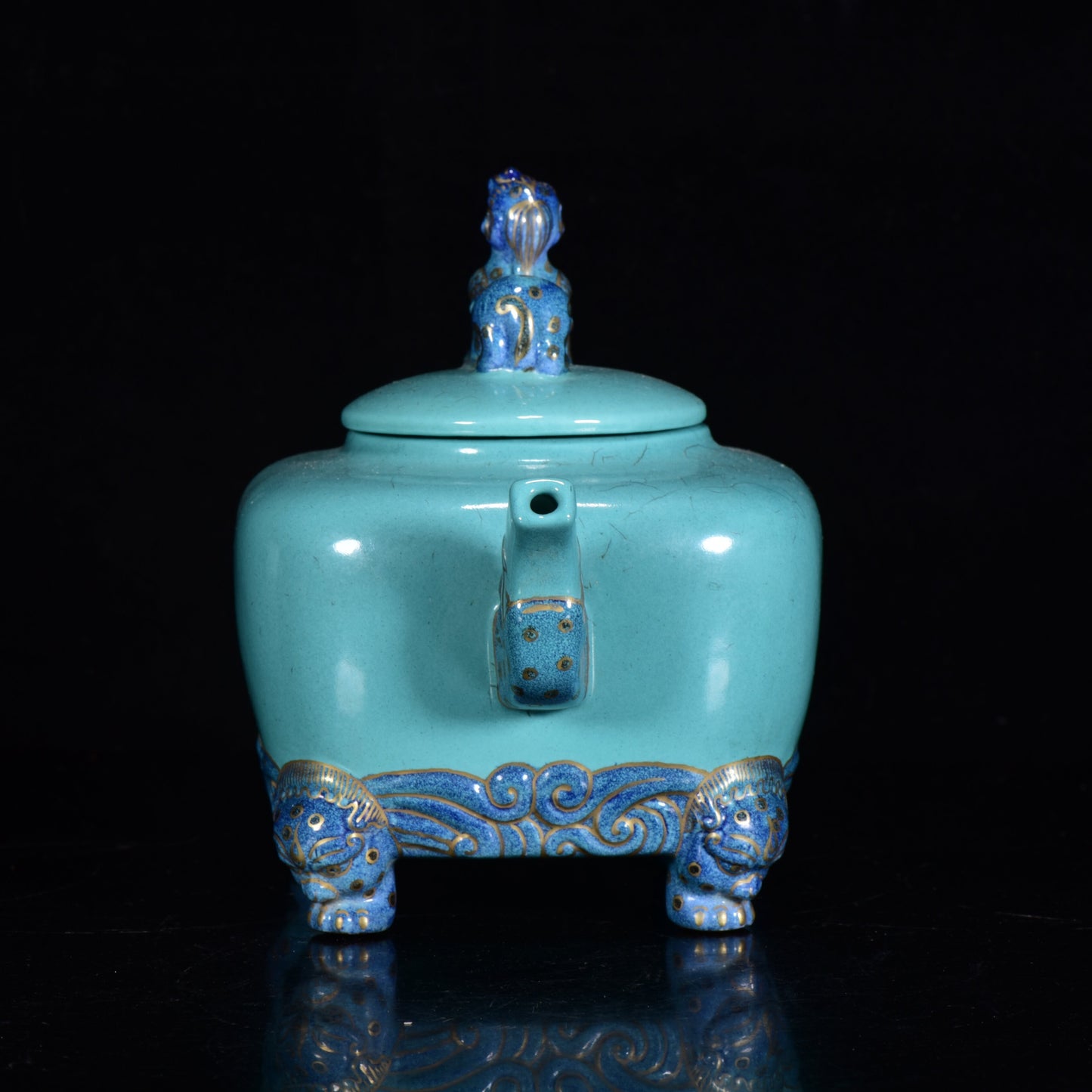 A0095 Chinese Gilt Gold Turquoise Glaze Beast Porcelain Teapot