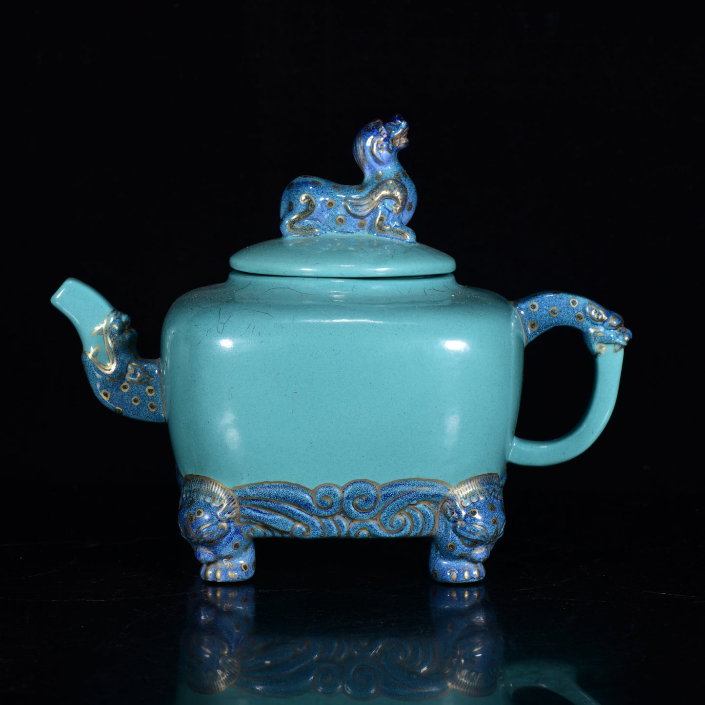 A0095 Chinese Gilt Gold Turquoise Glaze Beast Porcelain Teapot