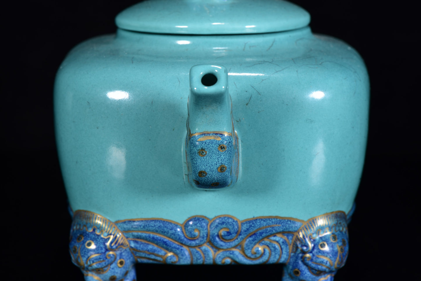 A0095 Chinese Gilt Gold Turquoise Glaze Beast Porcelain Teapot