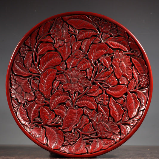 A0096 Vintage Chinese Red Lacquerware Low Relief Flower Design Plate