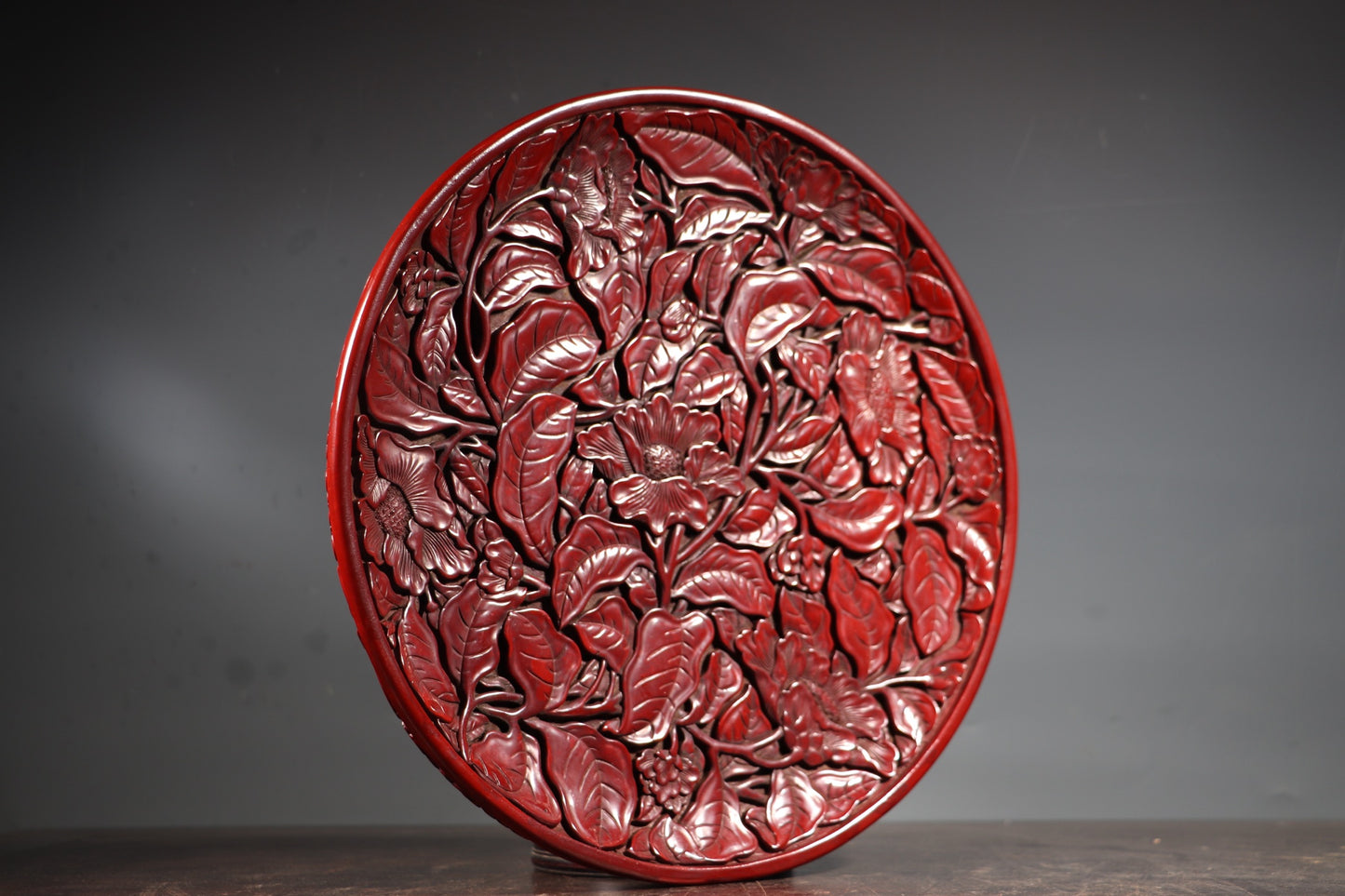 A0096 Vintage Chinese Red Lacquerware Low Relief Flower Design Plate