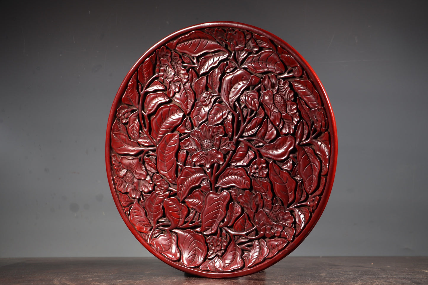 A0096 Vintage Chinese Red Lacquerware Low Relief Flower Design Plate