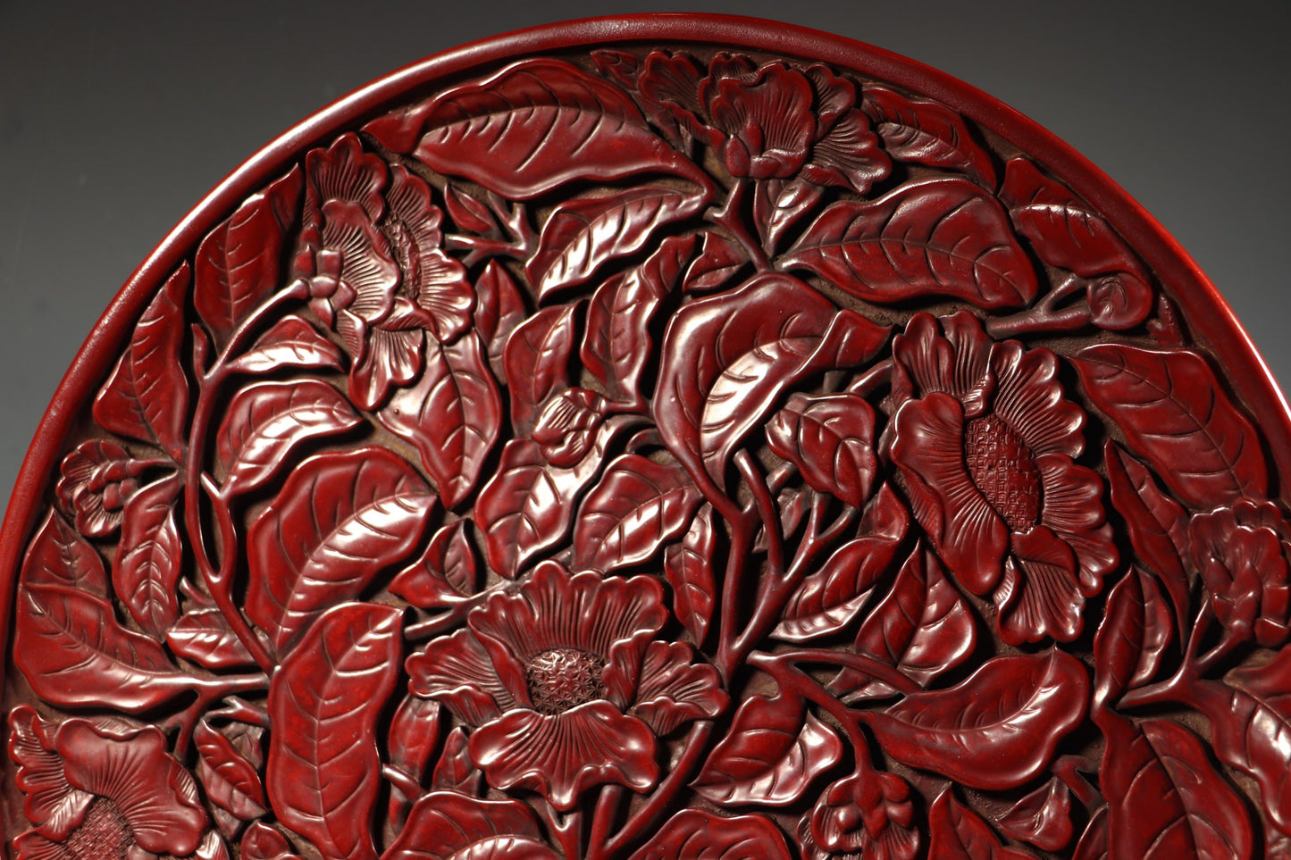 A0096 Vintage Chinese Red Lacquerware Low Relief Flower Design Plate