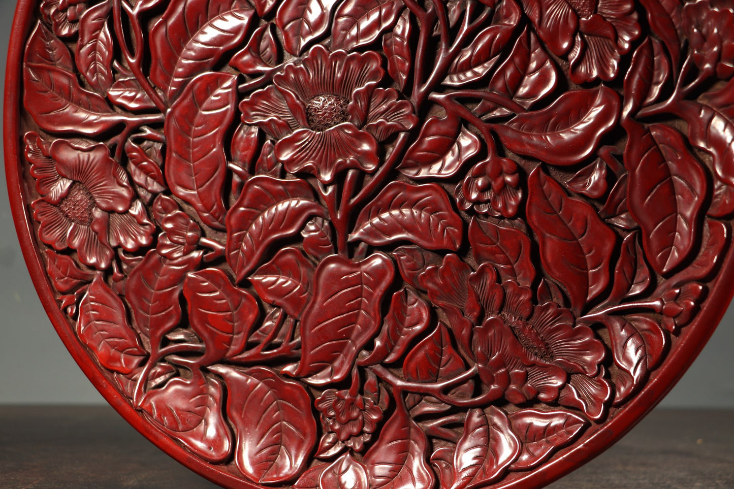 A0096 Vintage Chinese Red Lacquerware Low Relief Flower Design Plate