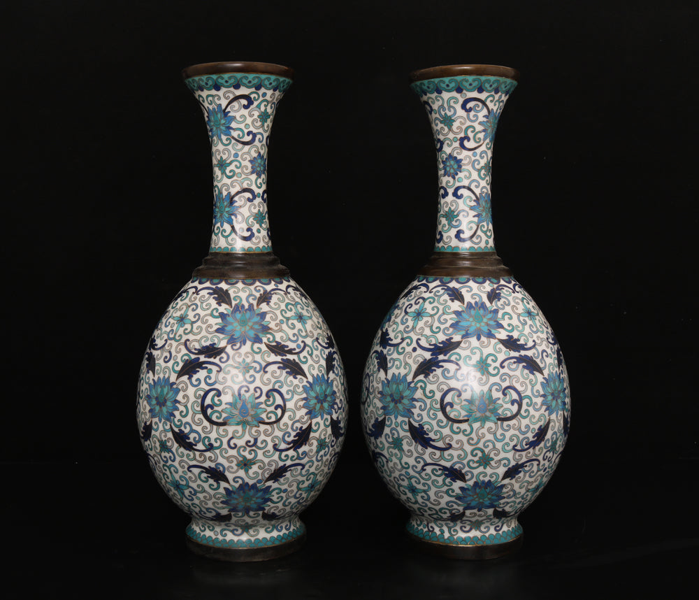 A0098 A Pair Vintage Chinese Bronze Cloisonne Lotus Flower Design Vase