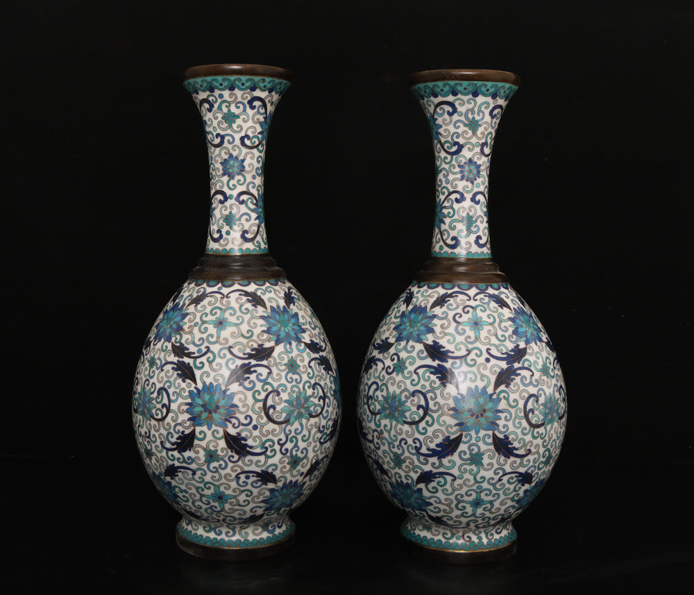 A0098 A Pair Vintage Chinese Bronze Cloisonne Lotus Flower Design Vase