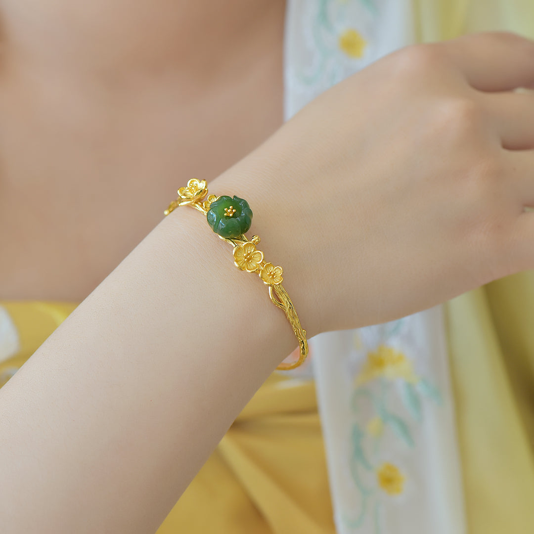 A0100 Chinese Gilt Gold Silver Inlay Green Hetian Jade Flower Bracelet