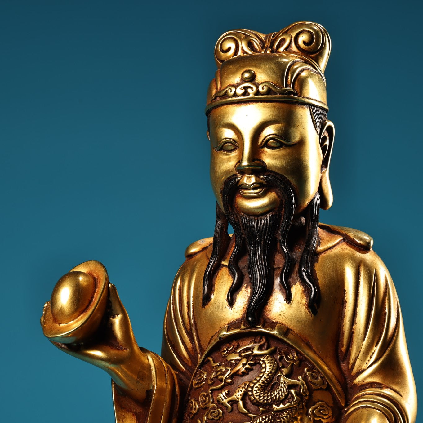 A0102 Vintage Chinese Gilt Gold Copper Fortune Taoism Deity Statue