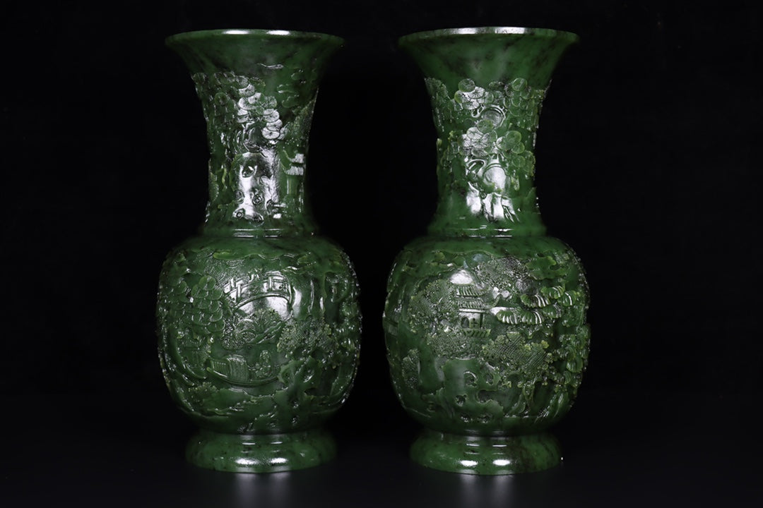 A0103 A Pair Chinese Green Hetian Jade Low Relief Pine Tree & Figure Design Vase