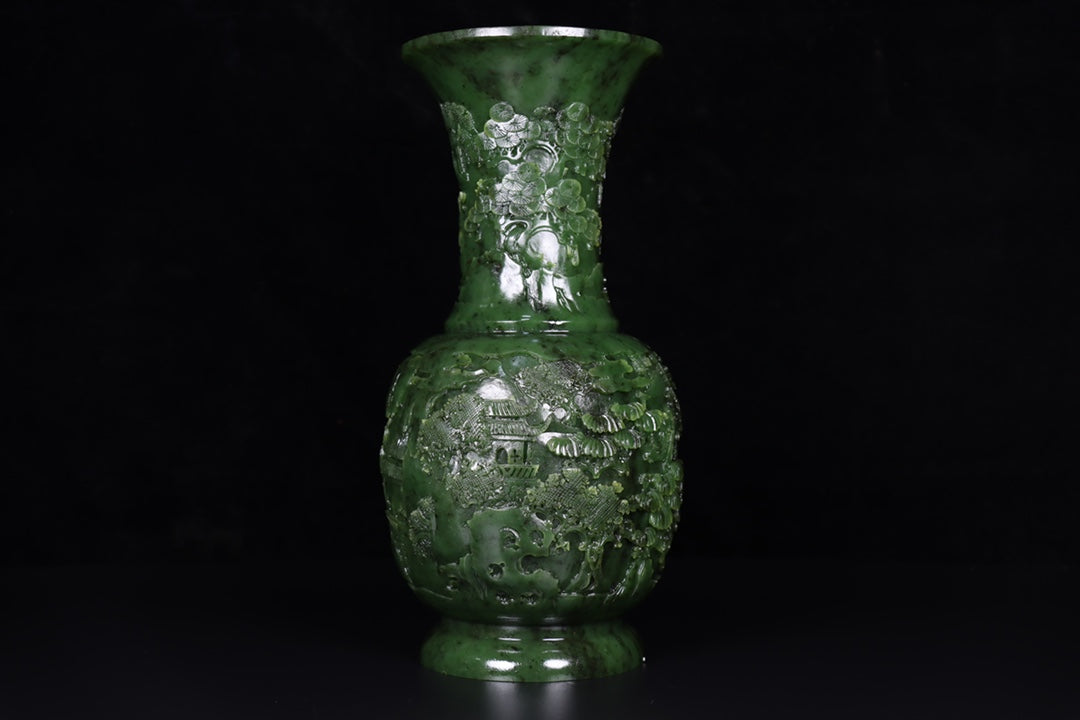 A0103 A Pair Chinese Green Hetian Jade Low Relief Pine Tree & Figure Design Vase