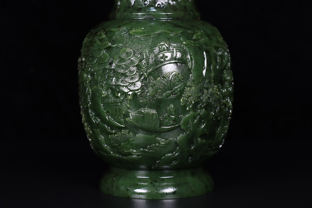 A0103 A Pair Chinese Green Hetian Jade Low Relief Pine Tree & Figure Design Vase