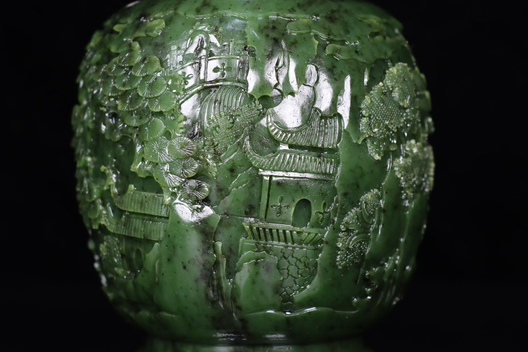 A0103 A Pair Chinese Green Hetian Jade Low Relief Pine Tree & Figure Design Vase