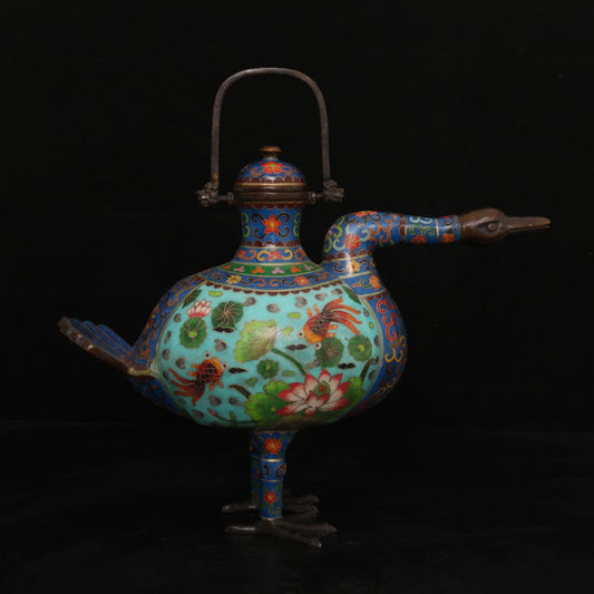 A0105 Vintage Chinese Bronze Cloisonne Lotus Flower & Fish Design Duck Shape Teapot