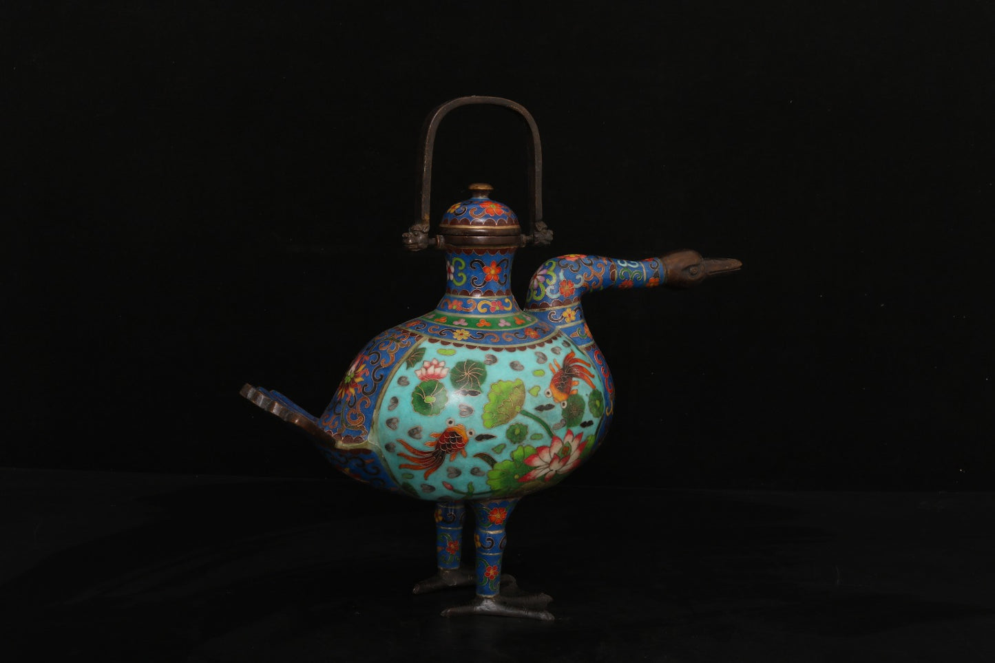 A0105 Vintage Chinese Bronze Cloisonne Lotus Flower & Fish Design Duck Shape Teapot